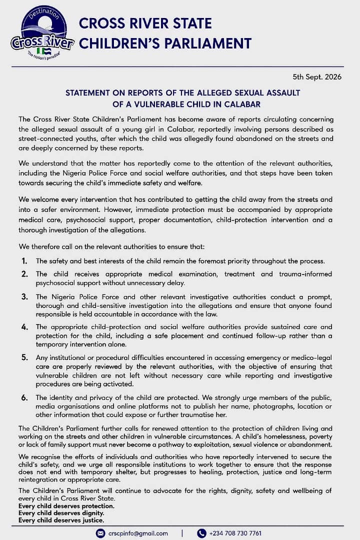 Cross River Children’s Parliament Raises Alarm Over Alleged Sexual Assault of Vulnerable Girl in Calabar